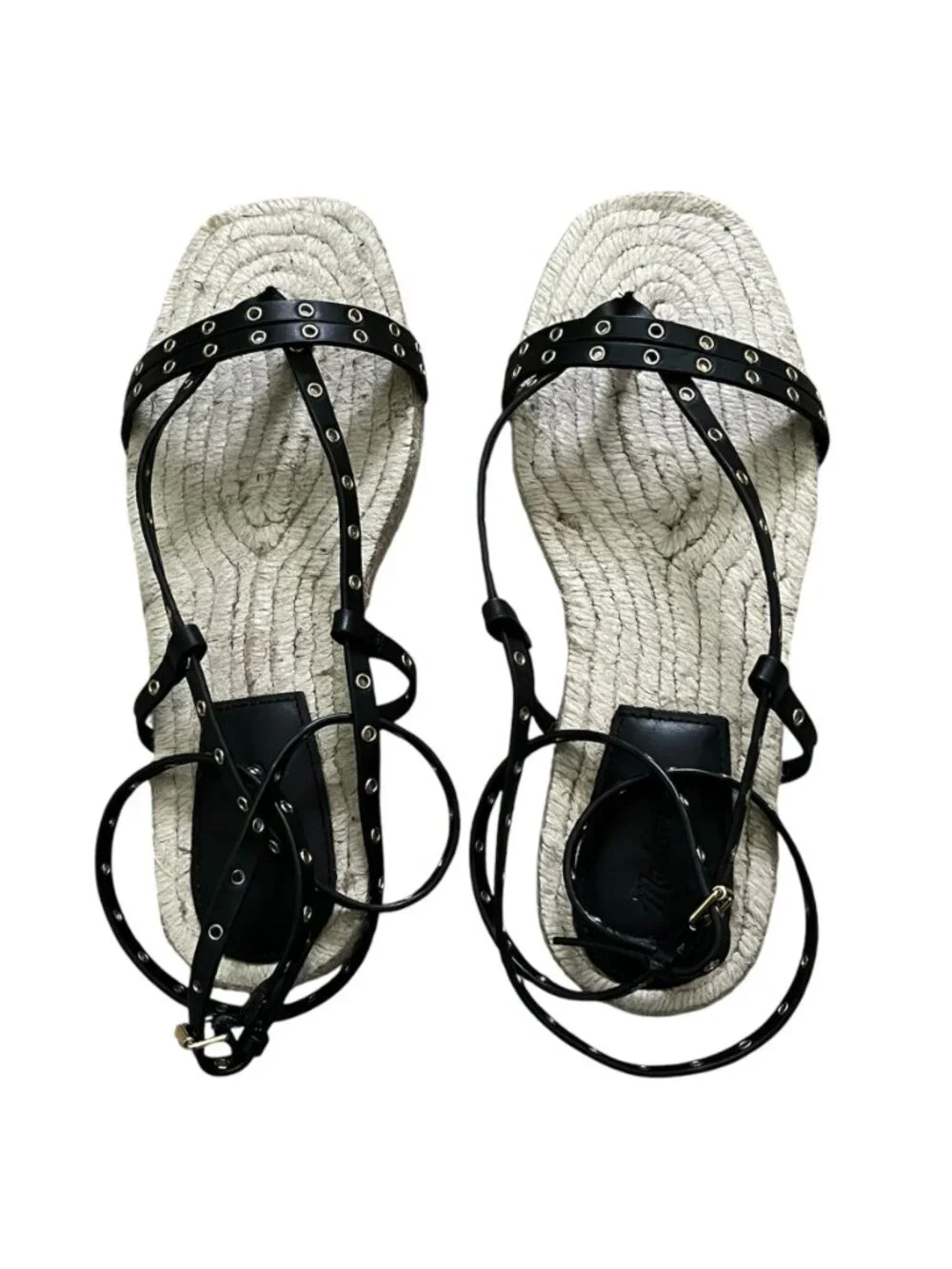 Madewell Mira Espadrille Thong Sandal Ankle Wrap Grommet Leather Black Size 8
